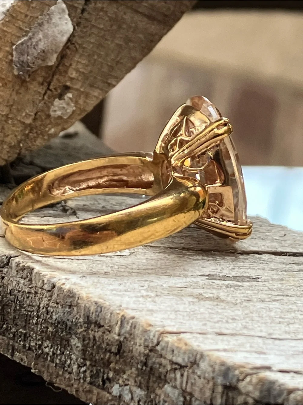 LARGE Champagne CZ Cocktail Solitaire Ring Gold Plated